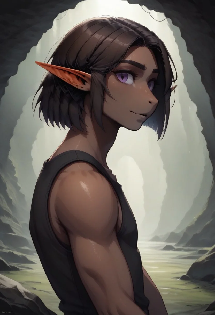 Repeta, 1 person, snout nose, solo, pointy ears, violet eyes, dark skin, dark brown hair, chin-length hair, parted hair, black sleeveless top, 
((Gemstone on arm, jewel on arm)),
organic cavern background,
Medieval style,
Bordered by rock walls, side view, 
Smooth colors, highly detailed face, clean lines, high quality, best quality, masterpiece, score: 9, score: 8 up, rating: safe, source: semi-realistic,