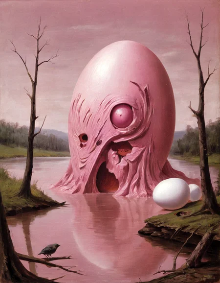 <lora:surr:0.6>surr, egg blob, bird god, tornado face, wood, pink river