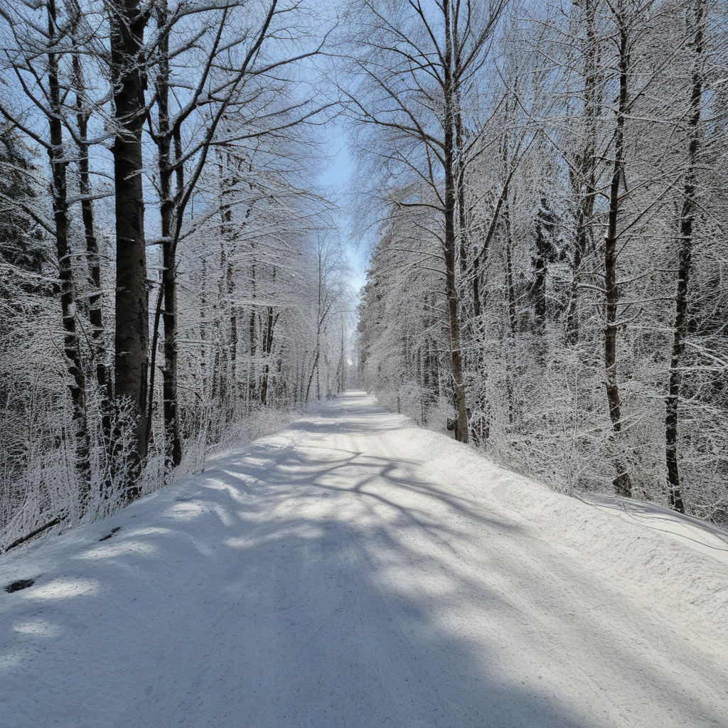 forest, shadow, bare tree, blue sky, road, day, scenery, snow, greyscale