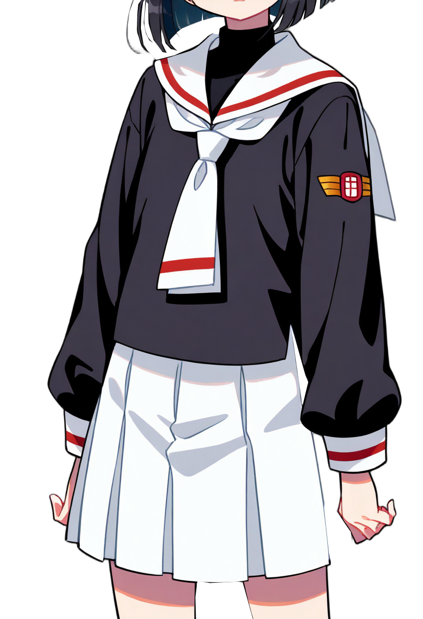 masterpiece, 1girl, solo, (tomoeda elementary school uniform, black serafuku, puffy long sleeves, white sailor collar, white necktie, white skirt, untucked shirt, cosplay), cowboy shot, simple background, head out of frame,