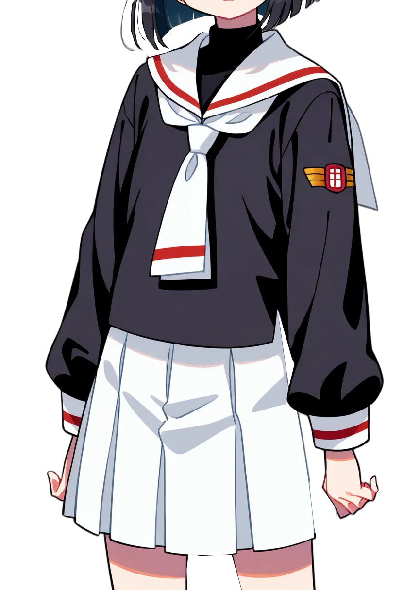masterpiece, 1girl, solo, (tomoeda elementary school uniform, black serafuku, puffy long sleeves, white sailor collar, white necktie, white skirt, untucked shirt, cosplay), cowboy shot, simple background, head out of frame,