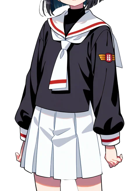masterpiece, 1girl, solo, (tomoeda elementary school uniform, black serafuku, puffy long sleeves, white sailor collar, white necktie, white skirt, untucked shirt, cosplay), cowboy shot, simple background, head out of frame,