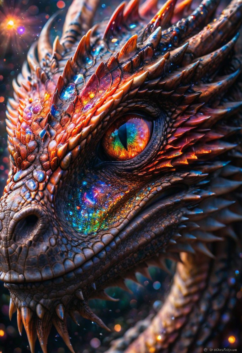Extreme close up Portrait of a dragon, with a rainbowiridal galaxy in fire dragon eyes, highly detailed, tears, emotional, bokeh, taken at an angle, f/1.2, canon photography