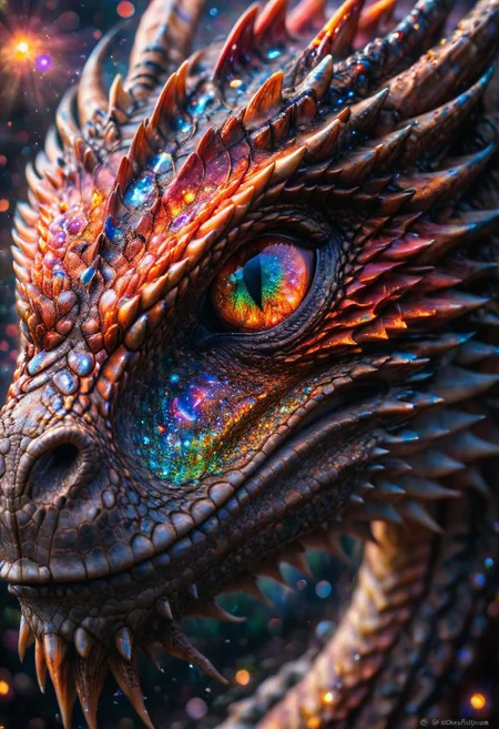 Extreme close up Portrait of a dragon, with a rainbowiridal galaxy in fire dragon eyes, highly detailed, tears, emotional, bokeh, taken at an angle, f/1.2, canon photography