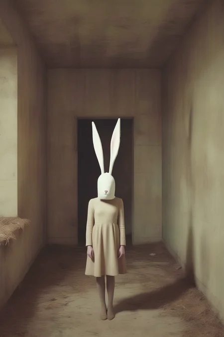 <lora:Christopher Ryan McKenney Style:1>Christopher Ryan McKenney Style - a mysterious bunny girl in a place of decaying minimalist architecture