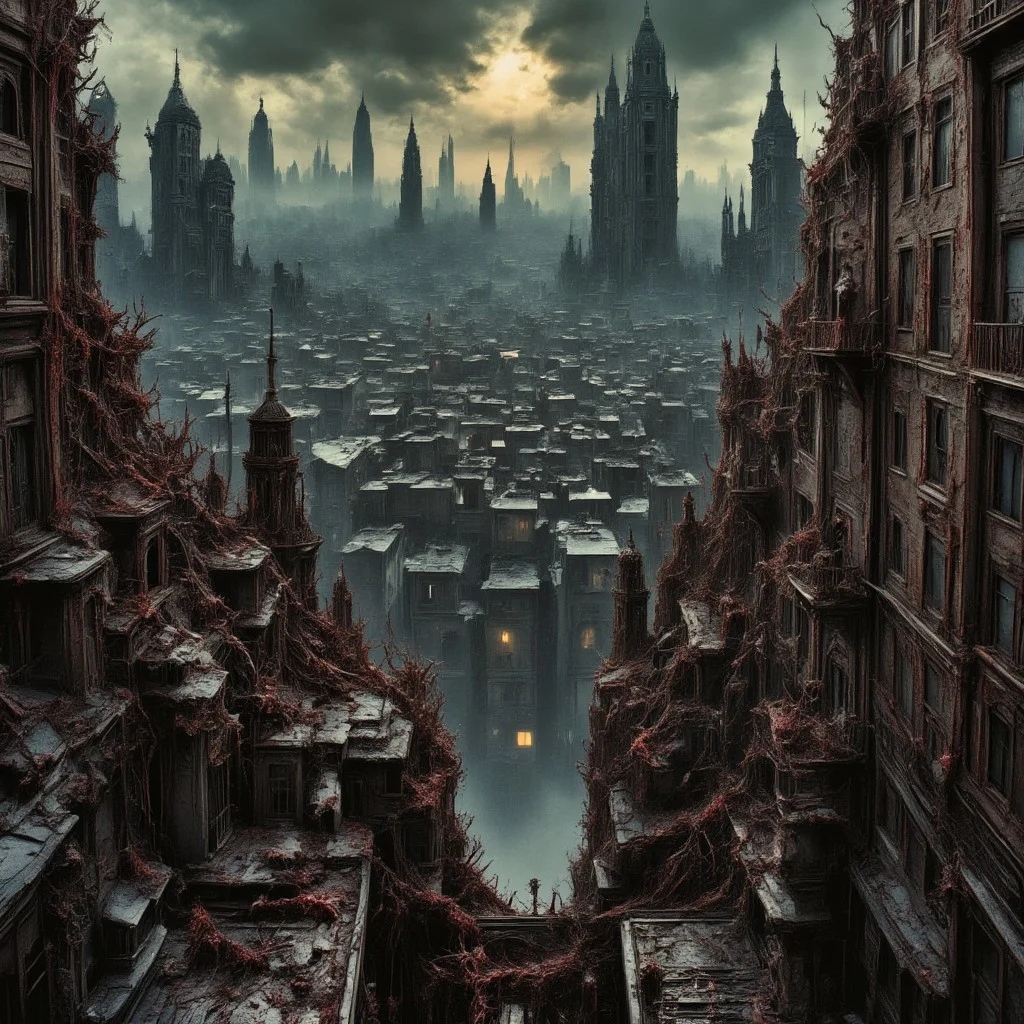 high quality, 8K Ultra HD, This artwork envisions a metropolis where elements of nightmarish surrealism converge into a scary, gore, horror scene, Escher's influence is subtly incorporated, transforming the city into an intricate, mind-bending spectacle, Stark contrasts between light and dark enhance the dreamlike quality of the scene, creating an unsettling yet captivating urban horrific dreamscape, photorealistic, ultra realistic