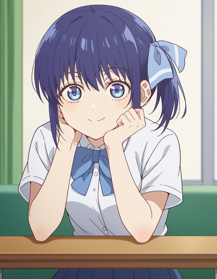 score_9, score_8_up, score_7_up, source_anime, <lora:nagisa-minase-s2-ponyxl-lora-nochekaiser:1>, nagisa minase, bangs, blue eyes, blue hair, hair ribbon, side ponytail,, skirt, shirt, bow, school uniform, white shirt, short sleeves, pleated skirt, bowtie, blue skirt,, indoors, smile, looking at viewer, solo, sitting, head rest, table,, cowboy shot, dutch angle