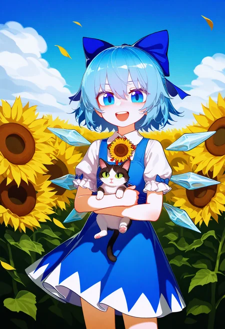 masterpiece, best quality, good quality, very awa, cleandongye,
cirno, 1girl, solo, looking at viewer, blush, smile, open mouth, short hair, blue eyes, shirt, dress, holding, bow, hair between eyes, standing, blue hair, white shirt, flower, short sleeves, :d, hair bow, outdoors, cowboy shot, frills, teeth, wings, sky, collared shirt, day, puffy sleeves, cloud, blue sky, puffy short sleeves, sleeveless dress, petals, upper teeth only, blue dress, blue bow, animal, cat, yellow flower, ice, sunflower, pinafore dress, ice wings, holding animal, field, detached wings, flower field, holding cat, sunflower field
<lora:ai_styles_collection_noob_eps-1.1_v3.1:1>