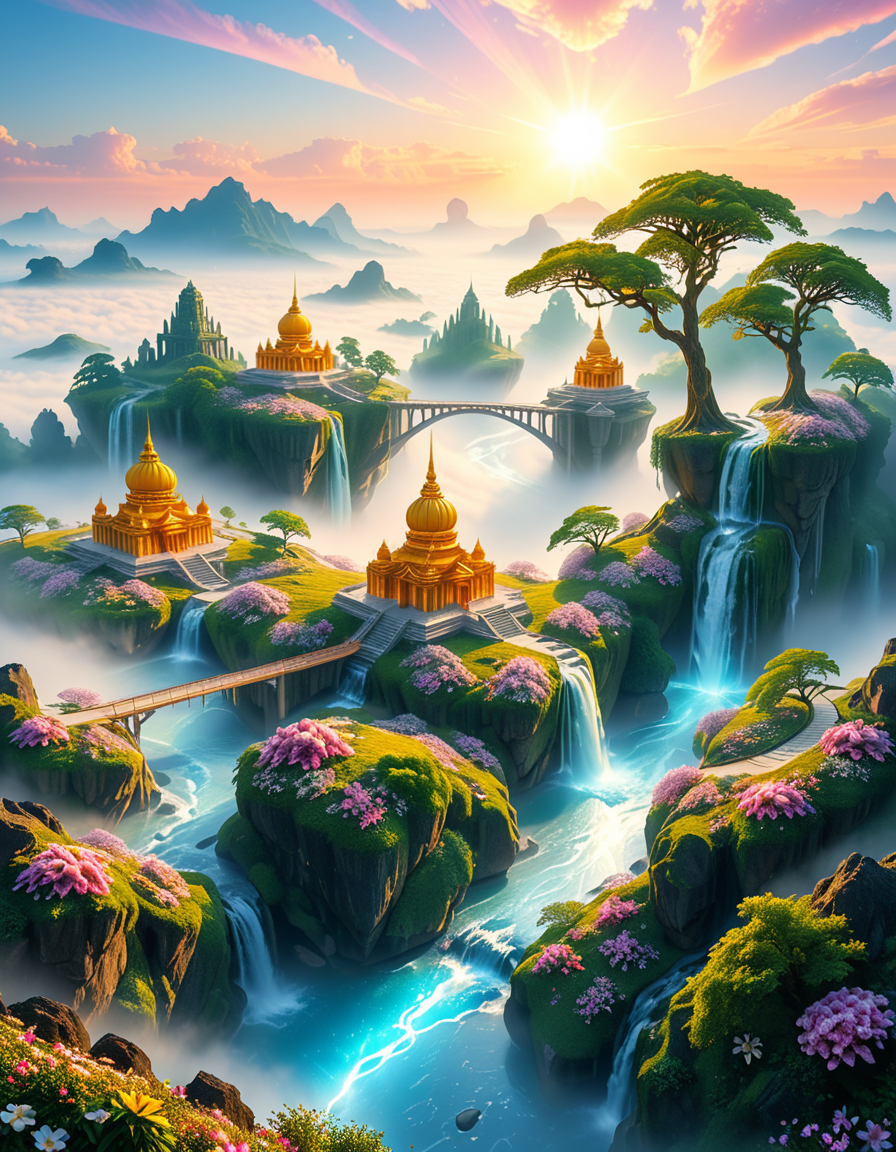 A mesmerizing celestial background featuring an otherworldly paradise. Towering crystalline mountains with peaks that glow softly under a sky painted in shifting hues of iridescent blues, pinks, and golds. Rivers of liquid light flow through vast, open meadows filled with luminescent flowers that pulse with a gentle glow. Gigantic, translucent trees with silver leaves sway in a breeze that carries floating particles of golden dust. Suspended bridges made of shimmering energy connect ancient, floating monoliths engraved with intricate celestial patterns. In the distance, an enormous radiant waterfall cascades into a bottomless, mist-covered abyss, reflecting the surrounding ethereal glow. A tranquil atmosphere, untouched and divine, filled with an overwhelming sense of wonder and serenity.
<lora:SDXLFaeTastic2400:0.4> <lora:extremely_detailed:0.4> extremely detailed, <lora:heavenly_l4ndsc4p3:1>,heavenly l4ndsc4p3, Masterpiece,best quality,hi res,8k,hi res,8k,award winning,(sharp focus, intricate, highly detailed),