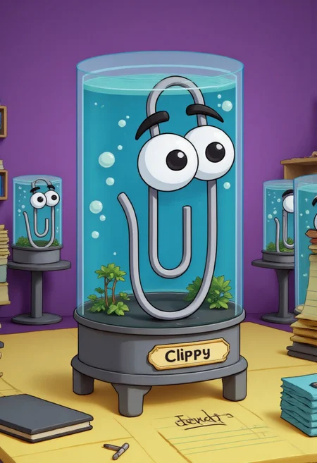 "Create a vibrant, cartoon-style image of Clippy as a 'living head in a jar,' inspired by the Futurama series. The head should be in a clear jar filled with a bright blue liquid, with exaggerated tubes and wires connected to it, adding a humorous and whimsical touch. The jar should sit on a metallic stand with a bold, simple nameplate on the front that reads 'Clippy' The background should be a colorful, futuristic lab with other similar cartoon jars, maintaining a playful and light-hearted tone."