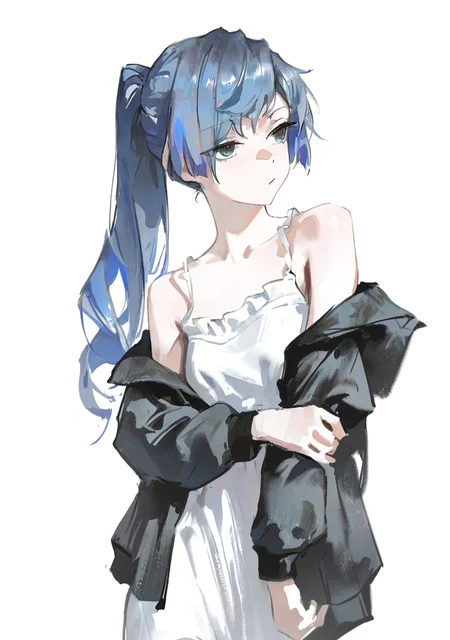masterpiece, best quality, very aesthetic BREAK dino \(dinoartforame\), horror \(theme\), gritty, faux traditional media, painting \(medium\) BREAK 1girl, solo, eyes visible through hair, blue hair, long hair, jacket, ponytail, closed mouth, bare shoulders, off shoulder, looking to the side, multicolored hair, bangs, sleeveless dress, white background, holding own arm
<lora:noob05-dinoartforame-jan30v2-step00002464:1>
