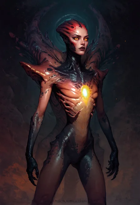 score_9, score_8_up, score_7_up,  alien creature, otherworldly, black scales, thin eyes, red theme, black background, (glowing chest, golden glow:1.1), astral, epic, ethereal, mystical, galactic background  <lora:pony/twilight_style:0.8> concept art, realistic <lora:pony/alien_concept_art:0.8> <lora:sdxl/sinfully_stylish_sdxl> <lora:pony/potat_alienfier:-0.8>