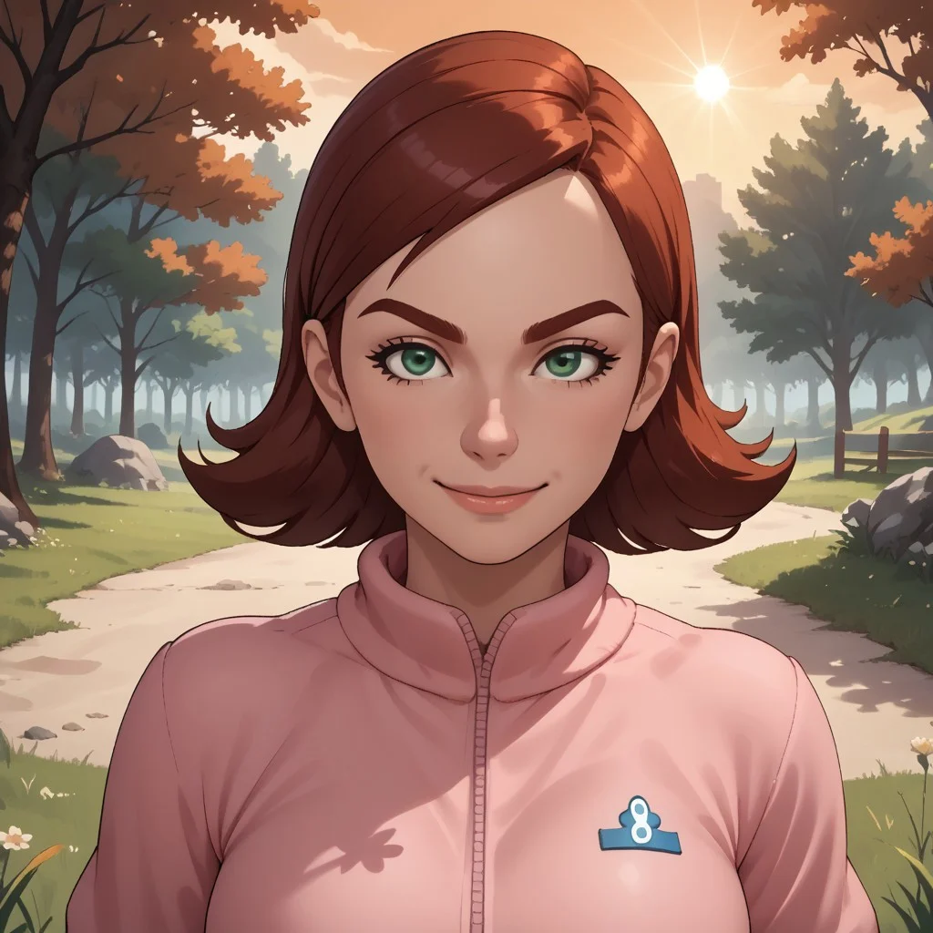 score_9, score_8, BREAK, solo, wii, mii, wii sports, 1girl, female mii, dark red hair, dark red eyebrows, green eyes, pink clothing, white pants, shoes, breasts, nintendo mii, modern_mii, classic_mii, Jen_(Wii_Sports), cute, sexy pose, self portrait, smile, outdoors, sunlight, shadows, evening lighting, natural lighting, forest, trees, grass, orange sky, sunset