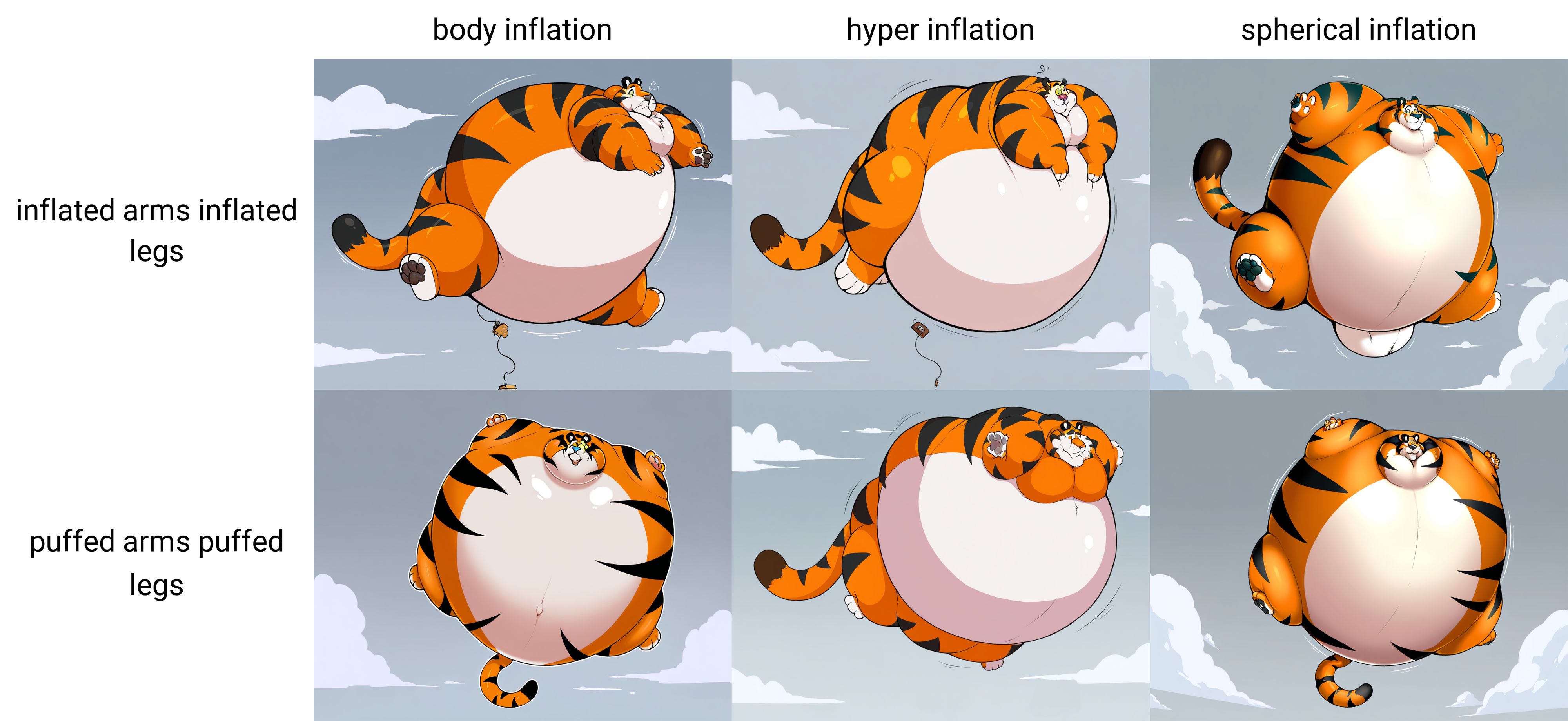 by niis, solo, tony the tiger, anthro, male, tiger, felid, pantherine, grey sky, inflating, floating, body inflation, inflated arms inflated legs, best quality, highly detailed,  <lora:MaleInflationXL_042-Noob-nd64-na16-lr2-ep10:1>