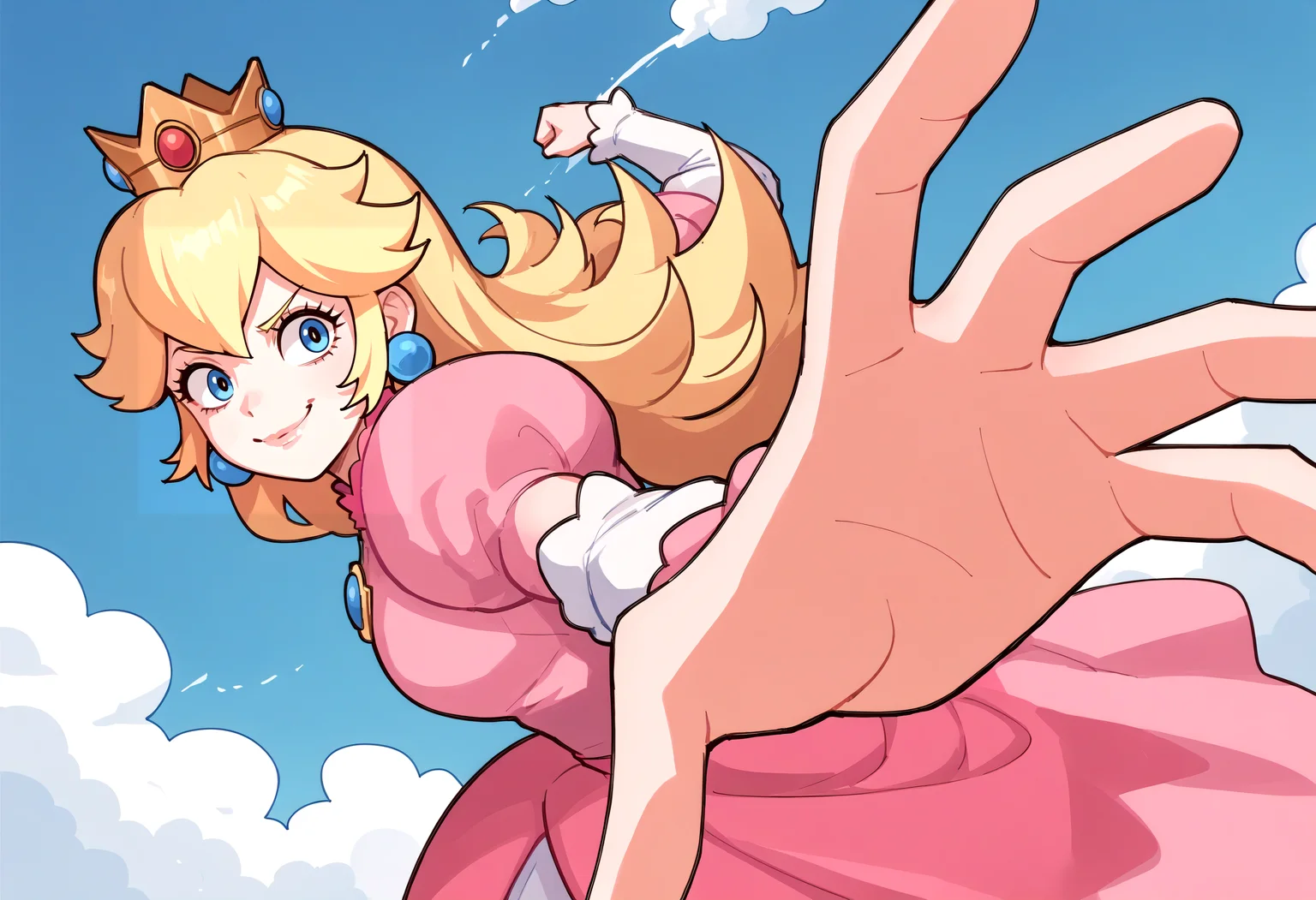 score_9, score_8_up, score_7_up, source_anime, 1girl, IncrsPunchMeme, incoming punch, <lora:PepePunchMeme_XLPD:1>, smirk, princess peach, pink dress, crown,