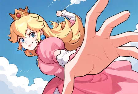 score_9, score_8_up, score_7_up, source_anime, 1girl, IncrsPunchMeme, incoming punch, <lora:PepePunchMeme_XLPD:1>, smirk, princess peach, pink dress, crown,