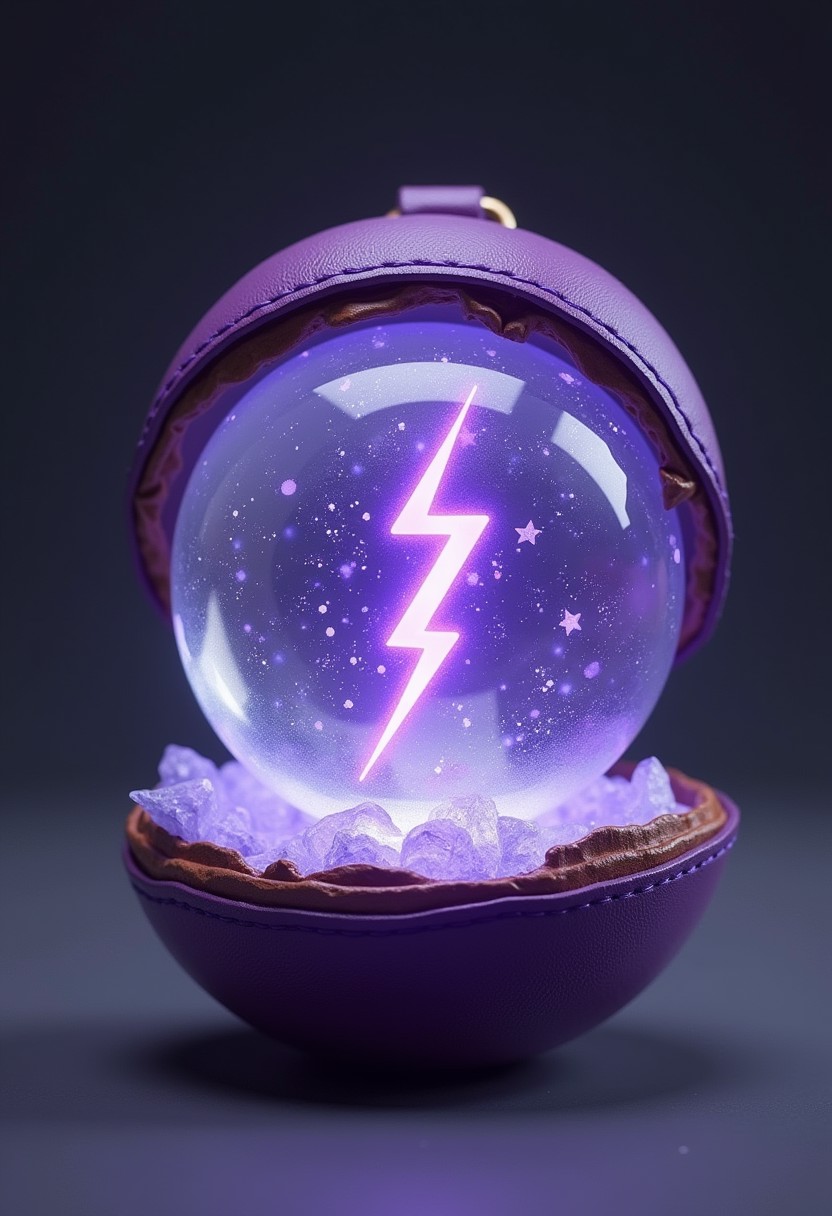 an open crystal pokeball with purple leather trim, light reflects on the inside showing off facets of the crystal pokeball, 3d lightning bolt in the Pokeball, text on the Pokeball "ready to capture some buzz"