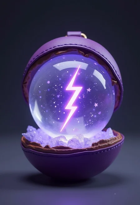 an open crystal pokeball with purple leather trim, light reflects on the inside showing off facets of the crystal pokeball, 3d lightning bolt in the Pokeball, text on the Pokeball "ready to capture some buzz"
