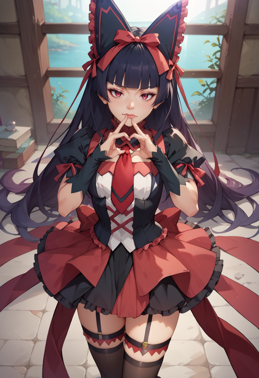 score_9, score_8_up, score_7_up,  1girl, rating_questionalble 1girl, <lora:rory_mercury-PD-1.0:1.0> rory mercury, dress, hair ribbon, puffy sleeves, necktie, thighhighs, garter straps, frightened finger heart  diving=(differentfromdive)