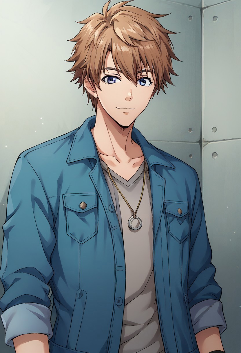 score_9, score_8_up, score_7_up, source_anime, highly detailed,

yuto, 1boy, male focus, solo, brown hair, hair between eyes, blue eyes, collarbone, jacket, blue jacket, open jacket, open clothes, shirt, grey shirt, wristband, pants, upper body, smile,

indoor, 