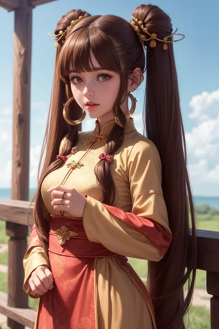 (best quality), (hyperrealistic), mh-yk, 1girl, solo, brown hair, brown eyes, , long hair, chinese clothes, twintails, outdoor, hair rings, dress, jewelry, bangs
