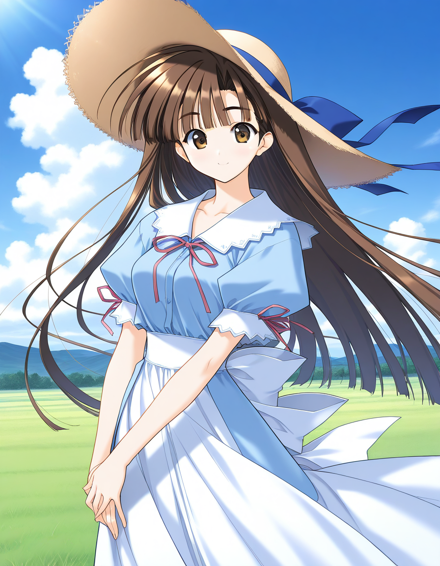 general,highres, ultra-detailed,very aesthetic,best quality ,best hands,  BREAK <lora:Mikage_Subaru_IS:1> Mikage_Subaru, 1girl,solo, brown hair, brown eyes, very long hair, bangs, medium breasts,
dress,  smile,  short sleeves, puffy sleeves, looking at viewer, bow, blue dress, sun hat, standing,  ribbon, white blue skirt,
cowboy_Shot,
blue sky, day, grass,
