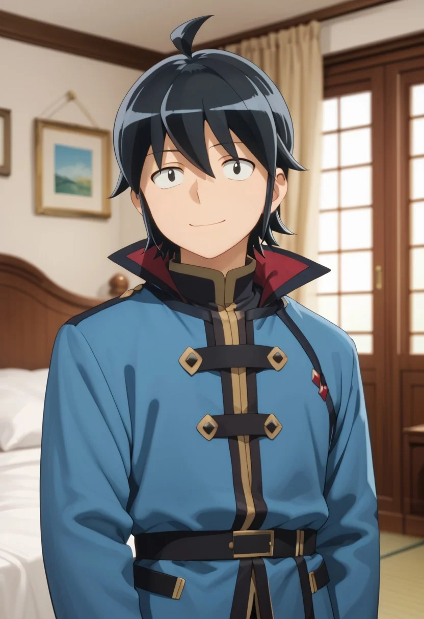 score_9, score_8_up, score_7_up, masterpiece, 1boy, smiling, bedroom, solo male, solo focus, looking at viewer,Makoto, black eyes, black hair, ahoge, red and blue coat, long sleeves,