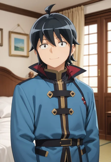 score_9, score_8_up, score_7_up, masterpiece, 1boy,  smiling, bedroom, solo male, solo focus, looking at viewer,Makoto, black eyes, black hair, ahoge, red and blue coat, long sleeves,