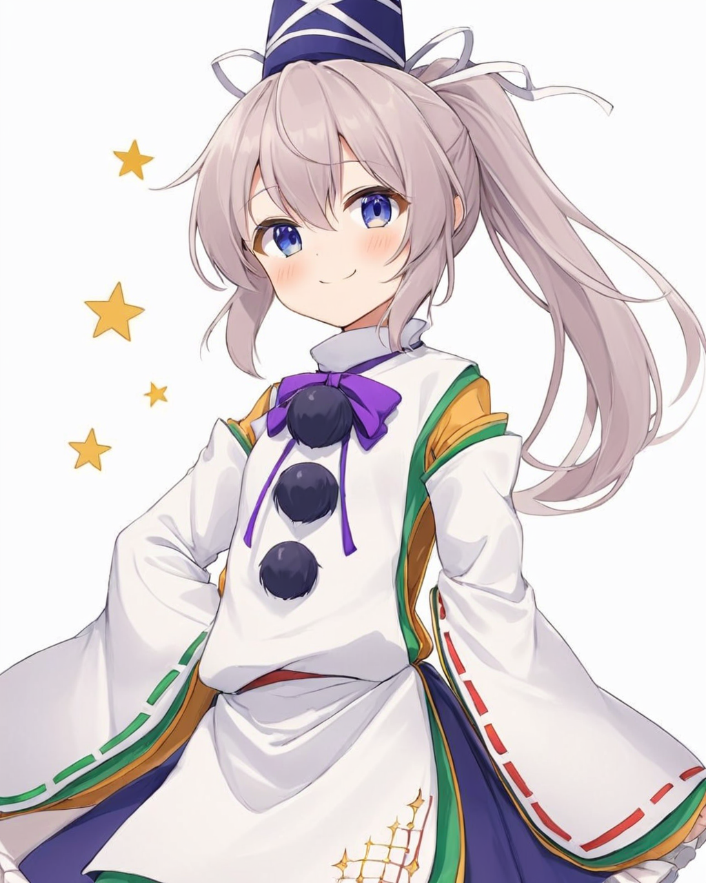 mononobe no futo,1girl, solo, pom_pom_\(clothes\), tate_eboshi, kariginu, ponytail, looking_at_viewer, wide_sleeves, smile, closed_mouth, skirt, long_sleeves, white_background, ribbon-trimmed_sleeves, v, blush, :3, simple_background, hand_on_hip, purple_bow, blurry, upper_body, sparkle, ribbon
<lora:mononobe_no_futo_image4909_2023-12-20-000007:1>,star-shaped_pupils,symbol-shaped_pupils,. gorgeous,key visual, vibrant, studio anime,award-winning, professional, highly detailed,high budget, cinemascope
