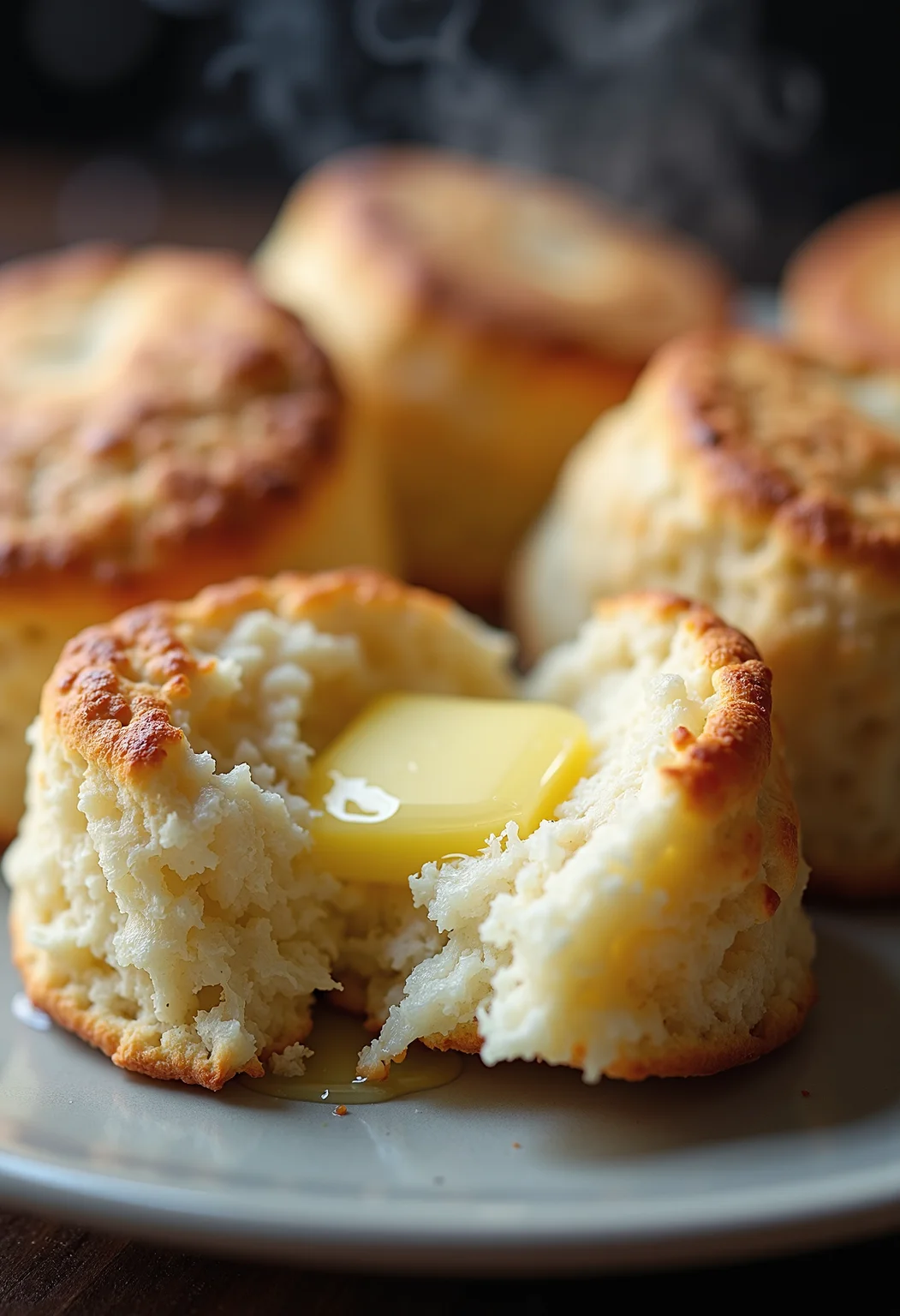 A plate of lush, golden-brown biscuits, each one perfectly baked with a crisp exterior and a fluffy, tender center. Melted butter glistens on their surfaces, pooling in the warm crevices, releasing a rich, inviting aroma. The biscuits are slightly layered, with steam rising from the freshly broken ones, highlighting their soft, buttery interior. The scene exudes warmth and comfort, inviting indulgence <lora:Dever_Flux_Enhancer:0.5>