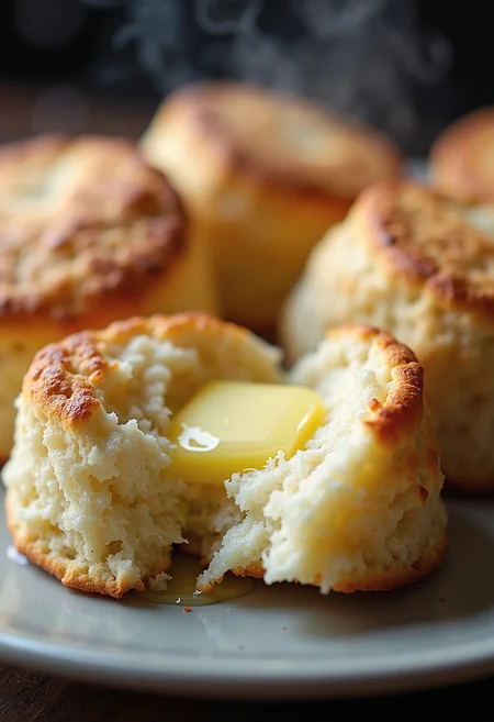 A plate of lush, golden-brown biscuits, each one perfectly baked with a crisp exterior and a fluffy, tender center. Melted butter glistens on their surfaces, pooling in the warm crevices, releasing a rich, inviting aroma. The biscuits are slightly layered, with steam rising from the freshly broken ones, highlighting their soft, buttery interior. The scene exudes warmth and comfort, inviting indulgence <lora:Dever_Flux_Enhancer:0.5>