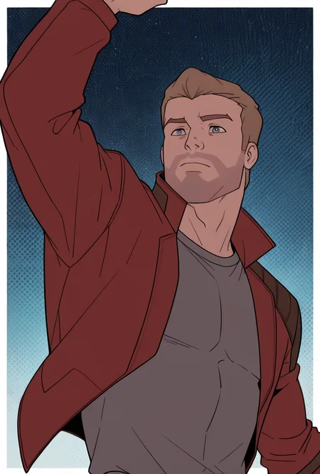 <lora:starlord-10:1> starlord, 1boy, dirty blonde hair, red jacket, gray shirt, short hair, open jacket, dynamic pose,, masterpiece, best quality, amazing quality, very aesthetic, absurdres, newest,, upper body, halftone effect, white borders, abstract background:1.2,