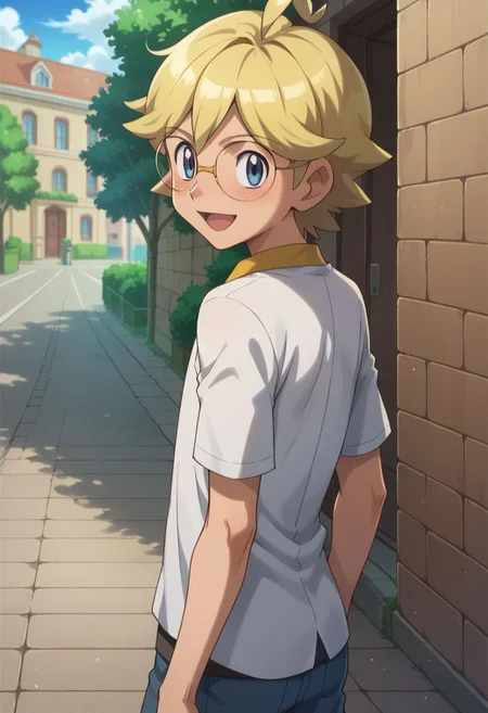 score_9, score_8_up, score_7_up, source_anime, highly detailed, 1boy, solo, male_focus, slender, skinny, cute, from back, looking back, looking at viewer,
clem_2, 1boy, blonde hair, male focus, glasses, solo, open mouth, street, blue eyes, ahoge, blush, shy, smile, shirt,