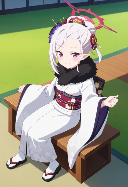 score_9, score_8_up, score_7_up, source_anime,
BREAK
1girl, solo, anime screencap, anime coloring,
<lora:shiMutsukiTrainingV1:1.0>,
shimusukikimono, official alternate costume, long hair, purple eyes, white hair, pointy ears, halo, hair ornament, hair flower,
single hair bun, fur collar, tabi, black scarf, fur scarf, wide sleeves,
japanese clothes, white kimono, print kimono, obi, sash, floral print, white socks, sandals, zouri, okobo,
looking at viewer, smile, blush,
