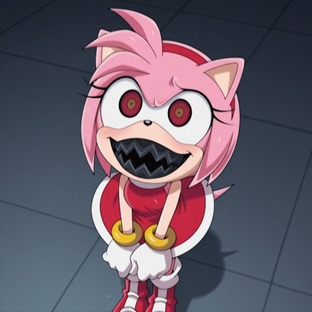 masterpiece, best quality, amazing quality,  AmyroseSXil, anthro, female, hedgehog, pink fur, red eyes, sharp black teeth, red hairband, white gloves, gold bracelets, red dress white trim, red boots