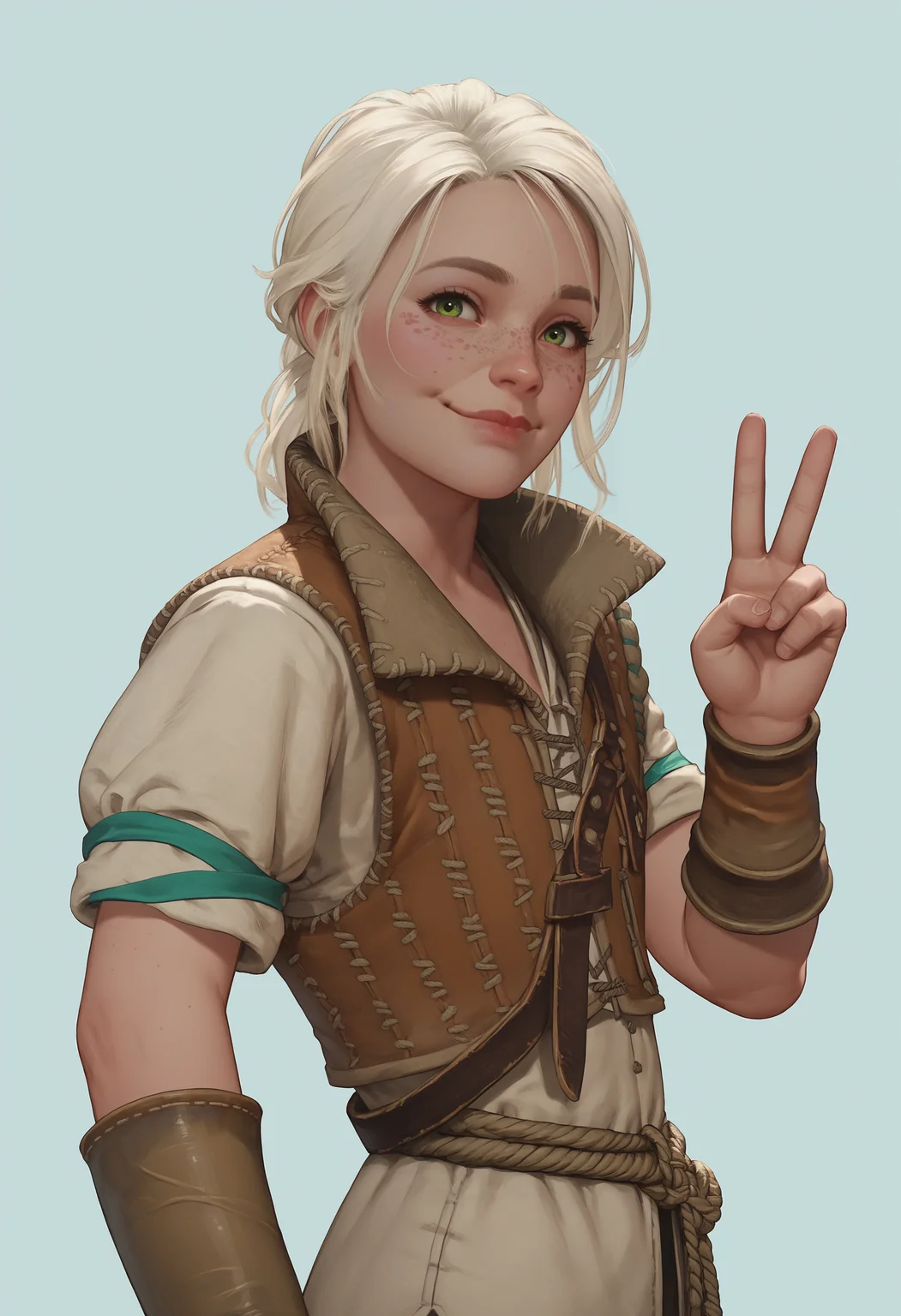 score_9, score_8_up, score_7_up, score_6_up, score_5_up, score_4_up, 1girl, <lora:YoungCiriW3:0.85> solo, skinny, green eyes, white hair, freckles, lips, vest, short sleeves, pants, bracers, smile, looking at viewer, from side, v sign,
light blue background, simple background,