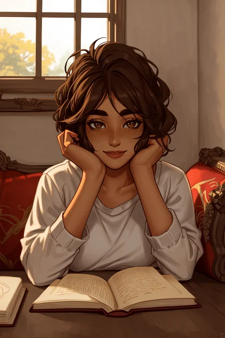 best quality, masterpiece, original, highres, illustration, best lighting and shadow, aesthetic wallpaper, amazing, beautiful, taliyah, 1girl, solo, dark skin, dark-skinned female, short hair, thick eyebrows, brown eyes, freckles, extremely detailed and beautiful face, happy, smile, book, reading, tea, window, sitting, comfortable, upper body,
<lora:tali-20:0.5>