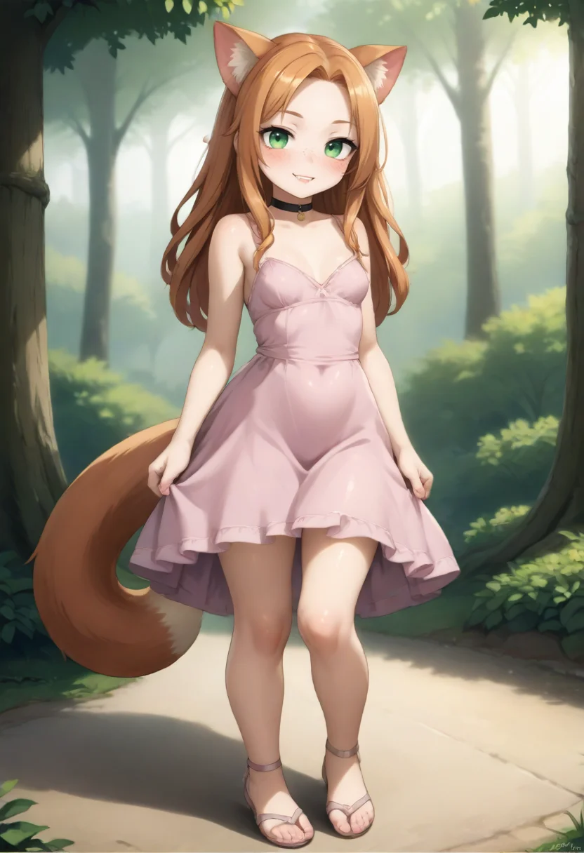 1girl, photorealistic, looking at viewer, freckles, green eyes, an image of a catgirl, long ginger hair, (ginger cat ears:1.1), (blush), biting, perfect teeth, showing fangs, black choker, score_6_up, score_7_up, score_8_up, braids, shiny oiled skin,
cute, (short:1.2), small body, <age_slider_v4:0.5> small-medium breasts, small chest, (small waist), (petite), <lora:Lstyle2:0.7> lstyle2,
In a magical fairy tale forest, trees, flowers, light beams, volumetric lighting,
(full body shot:1.3),
<lora:DetailedEyes_V3:0.8>, (eyeliner), <lora:FaeStyle:0.8>, masterpiece, beautiful and detailed brightness, anthropomorphic, wearing a cute white and pink dress, (goosebumps:0.5), subsurface scattering, ultra realistic, textured skin, visible skin detail, skin fuzz, rim lighting<lora:LCM_SDXL:1.0>