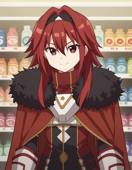 score_9, score_8_up, score_7_up, source_anime, <lora:bofuri-mii-s2-ponyxl-lora-nochekaiser:1>, mii, long hair, bangs, red eyes, hair between eyes, sidelocks, red hair, hairband, black hairband,, gloves, black gloves, cape, armor, fur trim, red cape,, music store, browsing records, headphones, vinyl collection, nostalgic, smile, looking at viewer, knee bent, hand on neck, foot pointed, solo,, cowboy shot, dutch angle