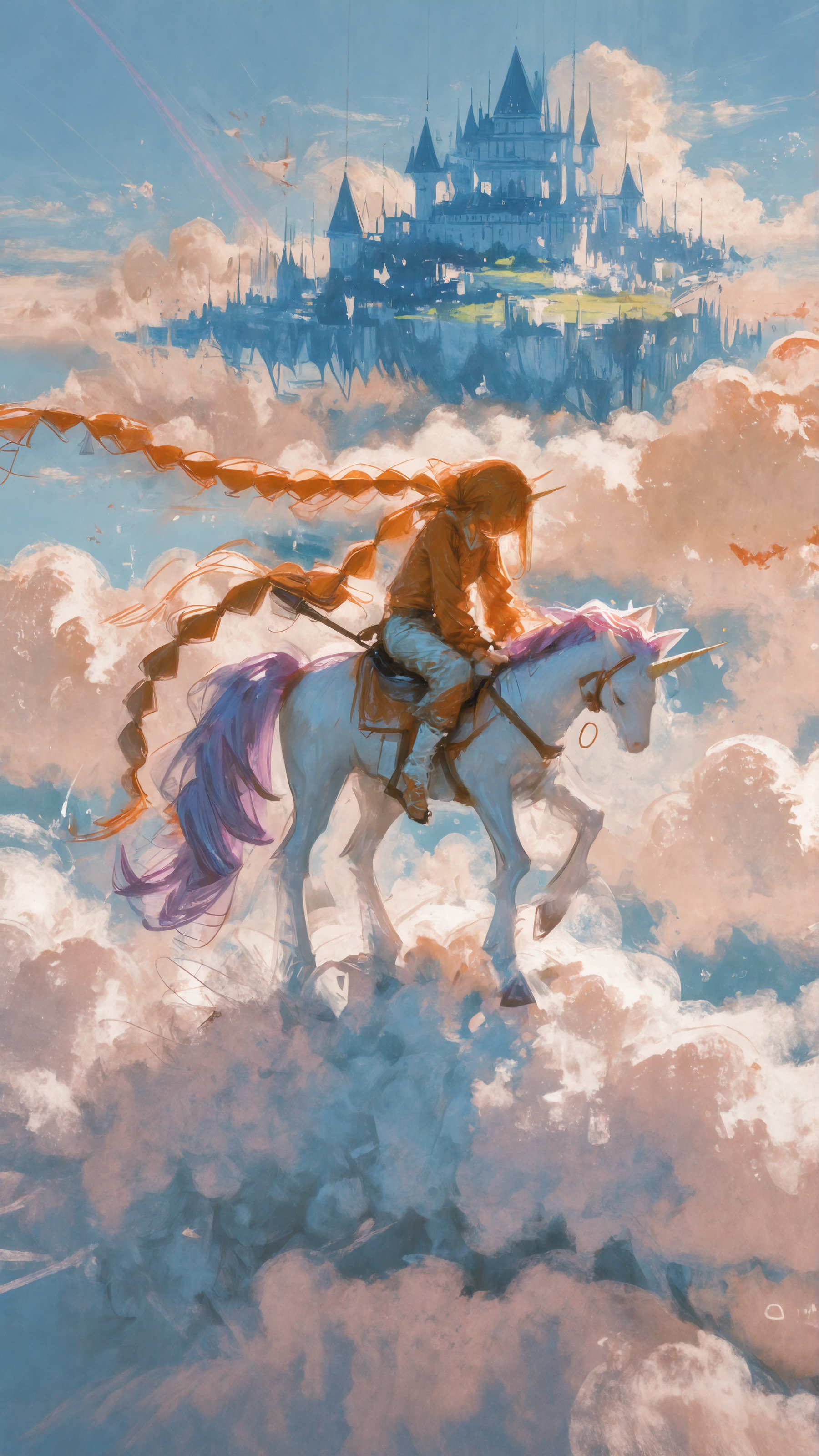 masterpiece, newest,absurdres,incredibly absurdres, best quality, amazing quality, very aesthetic, painterly, 
1girl, 1 unicorn, rainbow unicorn, horseback riding, above clouds, absurdly long hair, multi-tied hair, floating castle. (orange hue:0.8)
<lora:USNR_STYLE_ILL_V1_lokr3:1> usnr <lora:fuyumur4s4ki_style:1> fuyumur4s4ki_illu