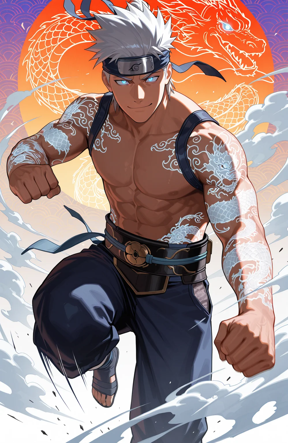 (hatake kakashi), blue eyes, glowing eyes,
liukang_body,
muscular male,
looking at viewer, smug, 
martial arts, kicking, knee up, motion blur, motion lines, action scene,
feet out of frame,
from above,
fighting stance, clenched hands
fantasy chinese landscape, low clouds, fog, wind, reflective,
detailed, light, dark, glowing tattoo, dragon tattoo,
colorful background, color contrast,
masterpiece, best quality, amazing quality, very aesthetic, absurdres, newest, very awa,
<lora:[Char - IL] Mortal Kombat - Liu Kang [Fire God ] (R1E07):0.8>