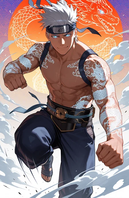 (hatake kakashi), blue eyes, glowing eyes,
liukang_body,
muscular male,
looking at viewer, smug, 
martial arts, kicking, knee up, motion blur, motion lines, action scene,
feet out of frame,
from above,
fighting stance, clenched hands
fantasy chinese landscape, low clouds, fog, wind, reflective,
detailed, light, dark, glowing tattoo, dragon tattoo,
colorful background, color contrast,
masterpiece, best quality, amazing quality, very aesthetic, absurdres, newest, very awa,
<lora:[Char - IL] Mortal Kombat - Liu Kang [Fire God ] (R1E07):0.8>