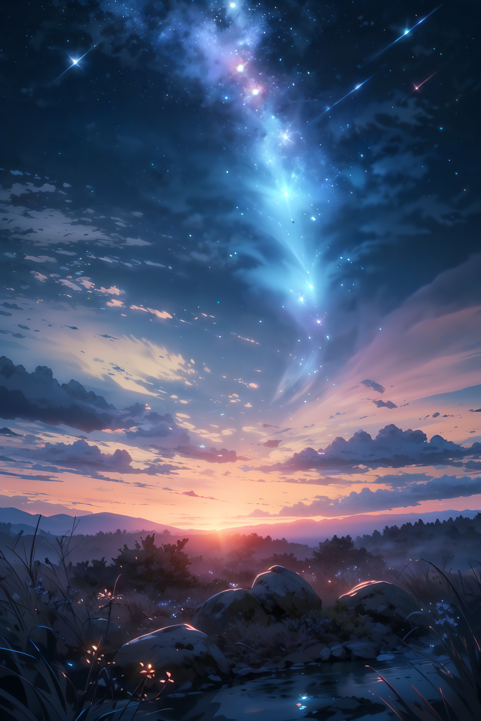 By Tomek Setowski,by Brian miller,ethereal glow. The sky should be a mesmerizing blend of deep blues and soft purples,with a faint,ethereal glow on the horizon. Show a mystical terrain,featuring delicate,bioluminescent flora and fauna that illuminate the landscape with gentle,otherworldly radiance. Let the scene emanate a sense of tranquility,mystery,and a touch of magic. Focus on intricate details and realism to create an image that transports viewers to this captivating twilight,<lora:Detailed_Places_R-128_v1:0.7>,no humans,scenery,