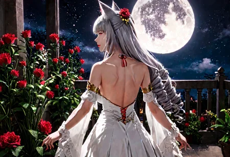 score_9, score_8_up, score_7_up, detailed, masterpiece, (1fox girl, silver hair, fox ears, fox tail, perfect face, highly detailed, perfect body, perfect eyes, petite body, young body, ayakokuroba, ayako kuroba, mayayotsuba, large breasts, silver hair, makeup, jewelry, earrings, fox girl long hair, bangs, silver hair, hair ornament, red eyes, hair ribbon, hair flower, blunt bangs, rose, drill hair, lipstick, red flower, red rose, red lips, gloves, dress, bow, bare shoulders, collarbone, frills, detached sleeves, white gloves, elbow gloves, white dress with gold trim, halterneck, long hair, with her hands raised, hands holding the moon, standing in a beautiful garden, outdoors, night, star shower, moonlit night, silver hair, silver, fur(foxtail), ((long flowing, white gown with gold trim)), (wearing a silver veil on head), detailed hands, bare feet, (intricate details), rear view, back, moonlight style, (looking up at the moon))(source_furry:0.45) real life photo, solo, high resolution, detailed face, amazing garden background