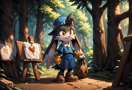score_9, score_8_up, score_7_up, score_6_up, score_5_up, score_4_up, <lora:Klonoa_Character_PonyXL:0.8> , Klonoa, two long ears, fur, anthro, Klonoa, g5, rich colors, forest operations, forest, thicket, communal appearance , presents a painting of rabbits and pony, aroused, front view, detailed background, detailed, 8k quality, side view, beautiful, teasing, easel and brushes, leaned to the floor, freely actions, dress,