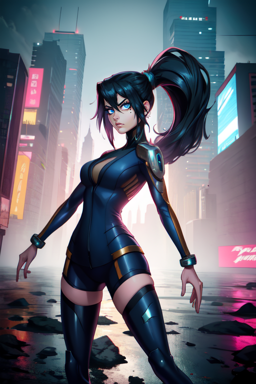 annflores. black hair, blue eyes,   ponytail,  mole under left  eye, 
bodysuit, legs,  thigh boots, 
 looking at viewer,  standing,  upper body,    serious, 
cyberpunk,  city,  night, 
 (insanely detailed, beautiful detailed face, masterpiece, best quality) 
 <lora:annflores:0.8>