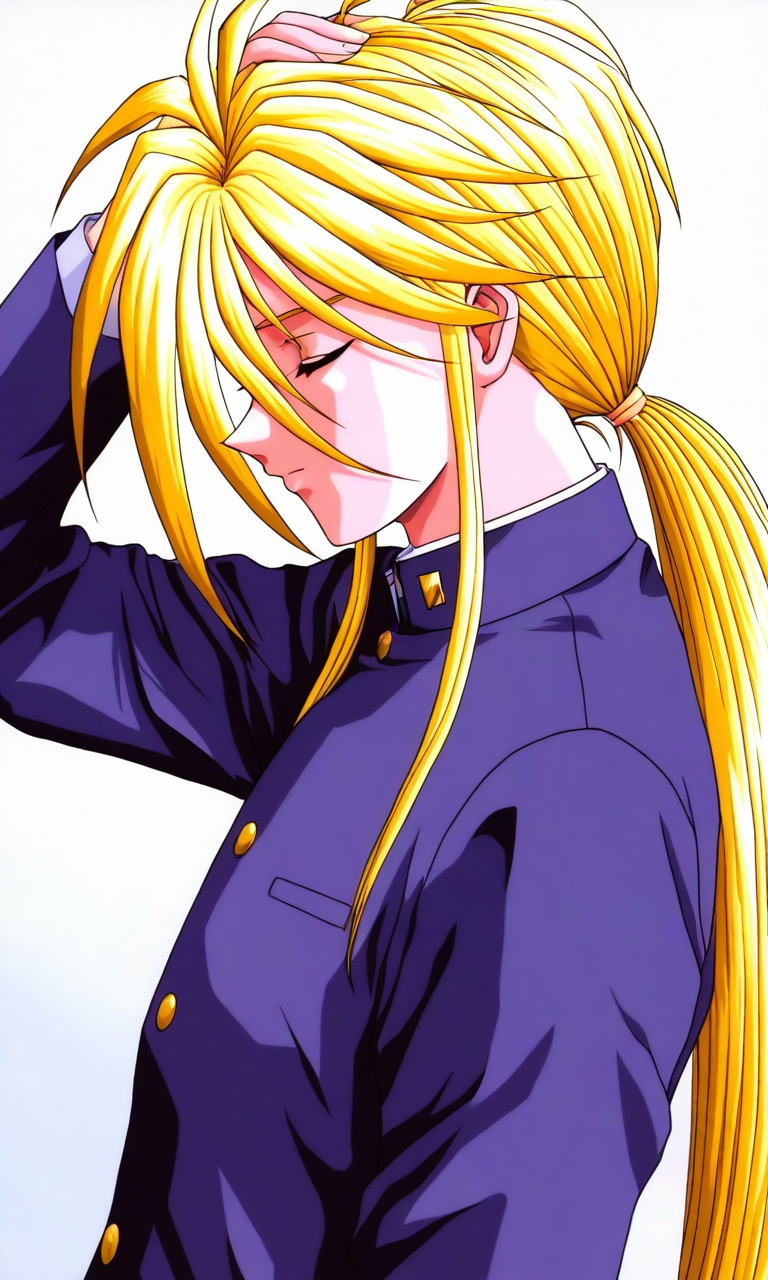 general,highres, ultra-detailed,very aesthetic,best quality ,best hands, BREAK <lora:Ijuuin_Rei_Tokimeki_Memorial_IS:1>
Ijuuin_Rei(Tokimeki_Memorial),  blonde hair, yellow eyes, hair between eyes, 
1boy, male focus, closed eyes, long hair, ponytail, school uniform, upper body, gakuran, simple background, hand in own hair, long sleeves, white background, low ponytail, closed mouth, hand on own head, profile
