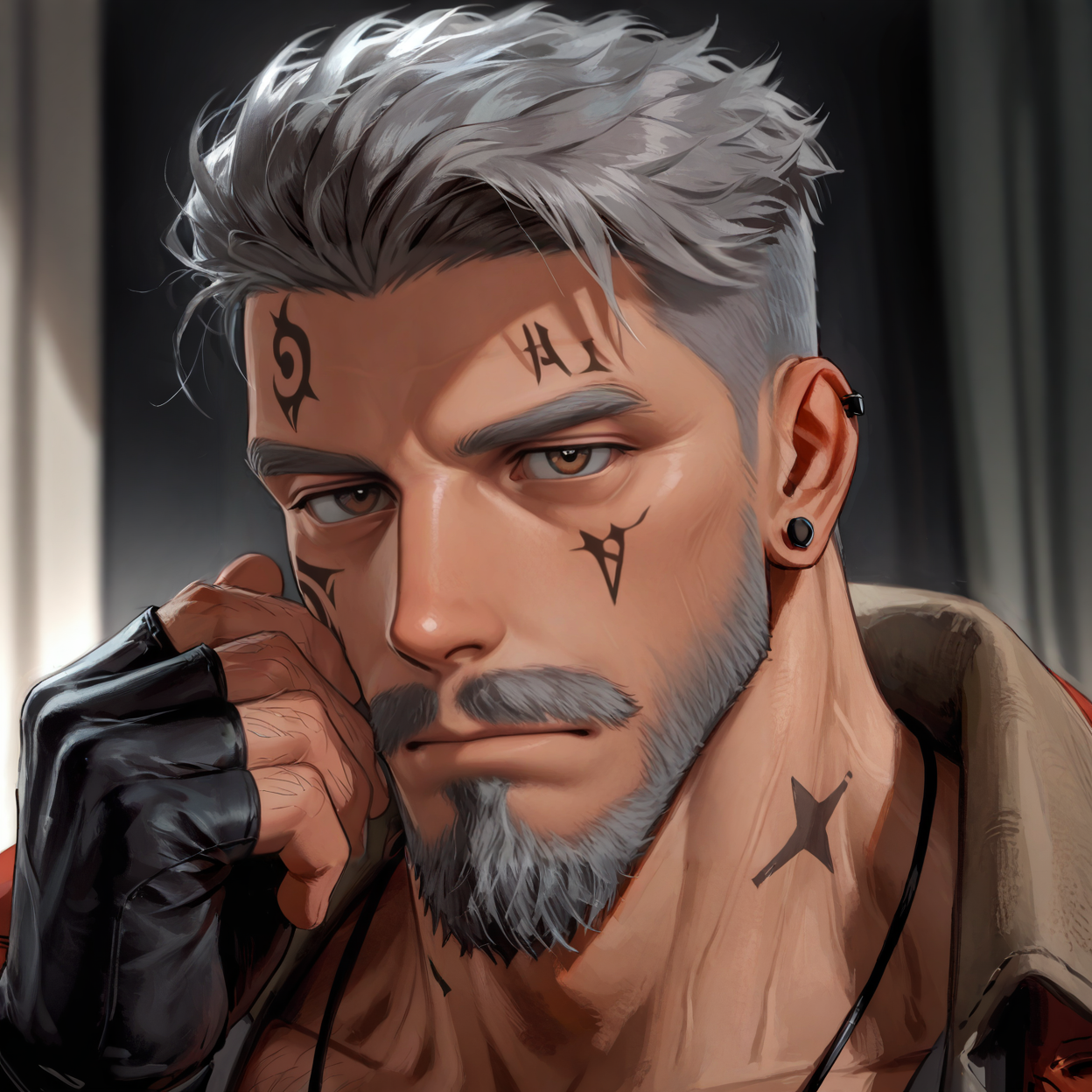 <lora:Vittorio_Toscano__Dead_by_Daylight-000003:.8> Vittorio Toscano, grey hair, mustache, goatee, face tattoo,necklace, fingerless gloves, hairy chest, hairy legs, hairy arms,
face focus, close-up, 
(very short hair, beard, bara, mature, facial hair, stubble, beard, full beard, sideburn, beard, a lot of beard, ), facial hair,male focus, muscular male, muscular male, bara, mature,  bara, mature, aixiwuganda_(20222192), very awa, masterpiece, best quality, absurdres, newest, perfect quality, detailed background, intricate details,
<lora:slider_Body Type_alpha1.0_rank4_noxattn_last:3><lora:style_Anime Summer Days 2 Style SDXL_LoRA_Pony Diffusion V6 XL:.6><lora:slider_cfg_scale_boost:.7><lora:Artist6p:.55>, Artist6p, Artist04p,<lora:slider_il_brightness_slider_d1:-1><lora:slider_il_contrast_slider_d1:-1><lora:slider_DarkSlider1.2_alpha1.0_rank16_full_300steps:-.6>