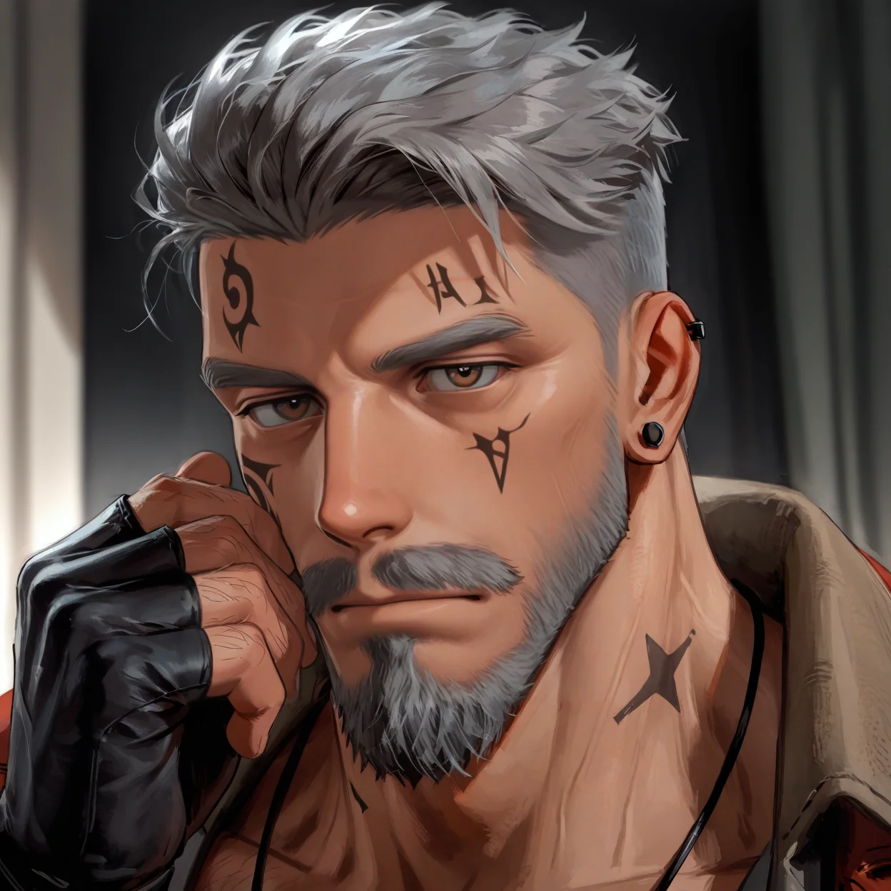 <lora:Vittorio_Toscano__Dead_by_Daylight-000003:.8> Vittorio Toscano, grey hair, mustache, goatee, face tattoo,necklace, fingerless gloves, hairy chest, hairy legs, hairy arms,
face focus, close-up, 
(very short hair, beard, bara, mature, facial hair, stubble, beard, full beard, sideburn, beard, a lot of beard, ), facial hair,male focus, muscular male, muscular male, bara, mature,  bara, mature, aixiwuganda_(20222192), very awa, masterpiece, best quality, absurdres, newest, perfect quality, detailed background, intricate details,
<lora:slider_Body Type_alpha1.0_rank4_noxattn_last:3><lora:style_Anime Summer Days 2 Style SDXL_LoRA_Pony Diffusion V6 XL:.6><lora:slider_cfg_scale_boost:.7><lora:Artist6p:.55>, Artist6p, Artist04p,<lora:slider_il_brightness_slider_d1:-1><lora:slider_il_contrast_slider_d1:-1><lora:slider_DarkSlider1.2_alpha1.0_rank16_full_300steps:-.6>