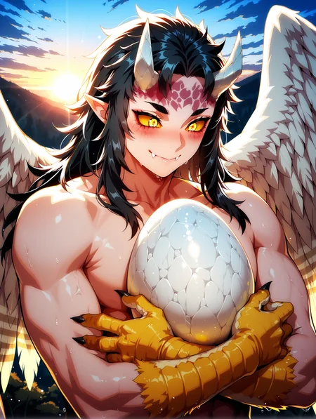 masterpiece, very aesthetic, best quality, solo, amazing quality, imtdurogi, 1boy, wings, male, horns, yellow eyes, feathered wings, black hair, long hair, claws, pointy ears, colored sclera, yellow sclera, yellow eyes, monster boy, feathers, fangs, topless male, winged arms, animal arms, muscular, facial mark, upper body portrait, with a large bird's egg in her arms, hugging the egg with love and tenderness, blush, smile, closed mouth, cute, high up, nature, beautiful landscape, sunrise, detailed background
